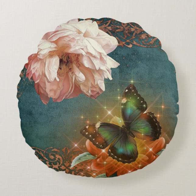 Almofada Redonda Eetal Butterly Bokeh e Peony Teal e Peach (Frente)