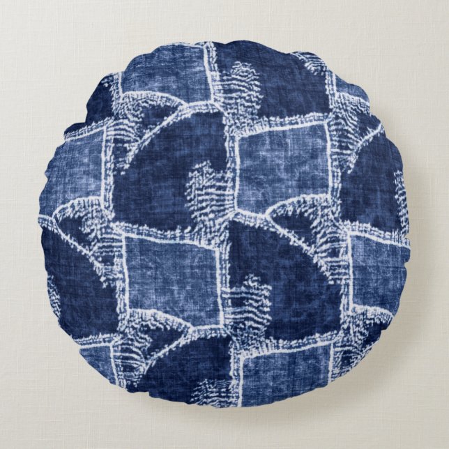 Almofada Redonda Efeito De Indigo Texturizado Gráfico De Patchwork (Frente)