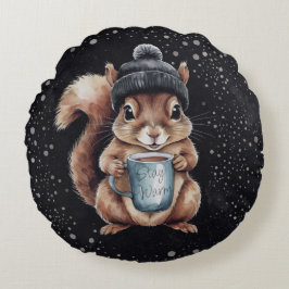 Almofada Redonda Eichhörnchen mit Tasse und Schnee „Stay Warm“