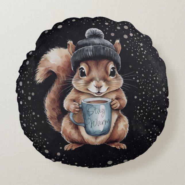 Almofada Redonda Eichhörnchen mit Tasse und Schnee „Stay Warm“ (Frente)