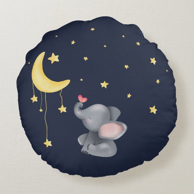 Almofada Redonda Elefante Bonito Com Pequena Borboleta Sob A Lua (Verso)