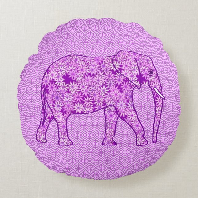 Almofada Redonda Elefante da flor - roxo amethyst (Frente)