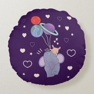 Almofada Redonda Elefante e Coelho no Balão Espacial Caprichoso