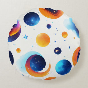 Almofada Redonda Elegância Cósmica: Mínimo Azul Fogo Galáxias Stars