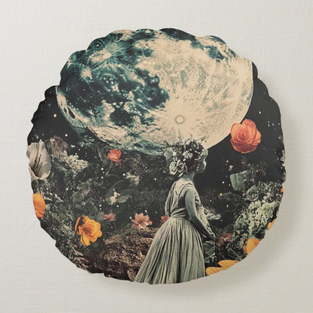 Almofada Redonda Elegância Lua - Mulher com Lua (3) (Frente)