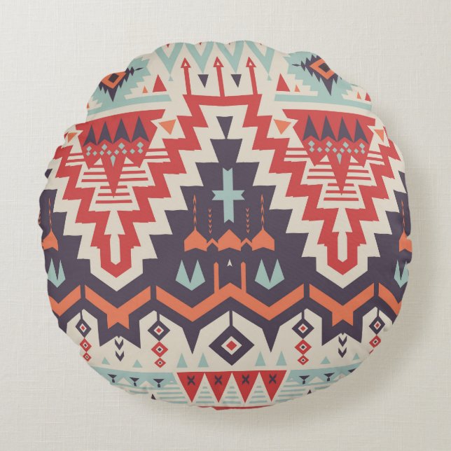 Almofada Redonda Elegância Tribal: Impressão de Étnica Geométrica (Frente)