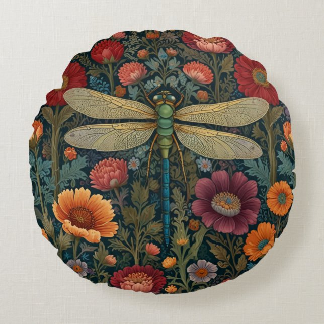 Almofada Redonda Elegant art nouveau Autumn floral Dragonfly (Frente)