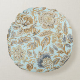 Almofada Redonda Elegant,Beigie Gold Soft Blue Flowers Pattern