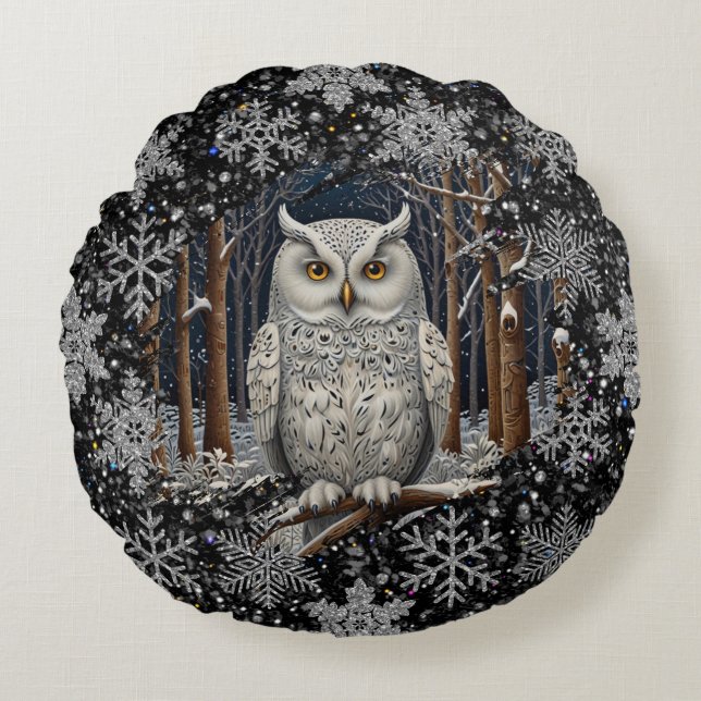 Almofada Redonda Elegant Christmas white owl woodland winter forest (Frente)