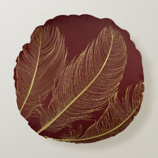 Almofada Redonda Elegant Feather Art In Rich Burgundy Luxury Tones