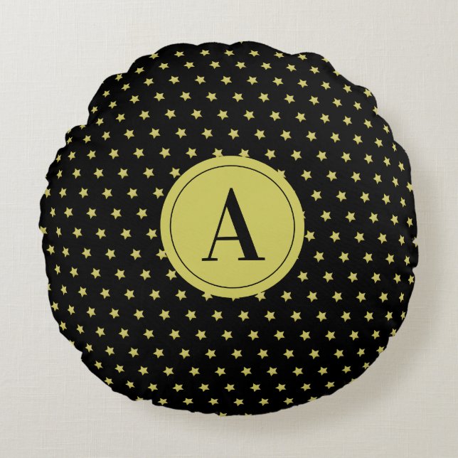 Almofada Redonda Elegant Gold & Black Star Pattern Monogram (Frente)