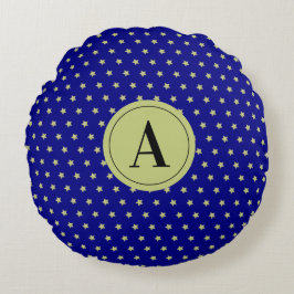 Almofada Redonda Elegant Gold & Blue Star Pattern Monogram