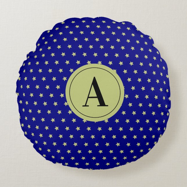 Almofada Redonda Elegant Gold & Blue Star Pattern Monogram (Frente)