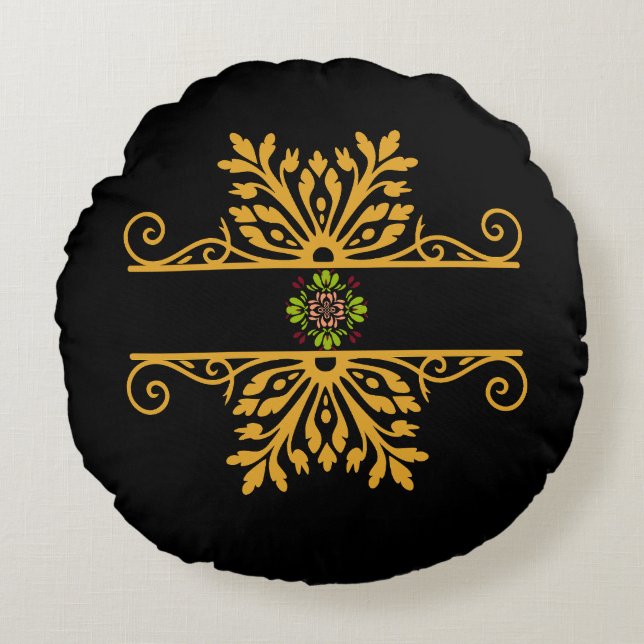 Almofada Redonda Elegant Golden Floral Ornament Baroque Style (Frente)