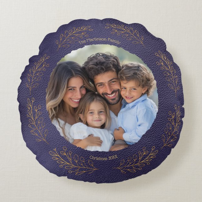 Almofada Redonda Elegant Golden Leaves Family Photo Christmas Blue (Frente)