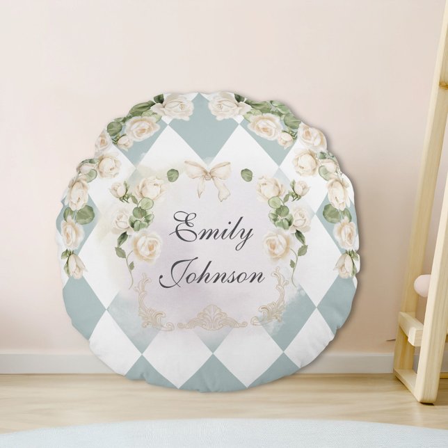 Almofada Redonda Elegant Monogram White Roses Green Leaves Diamond (In situ)