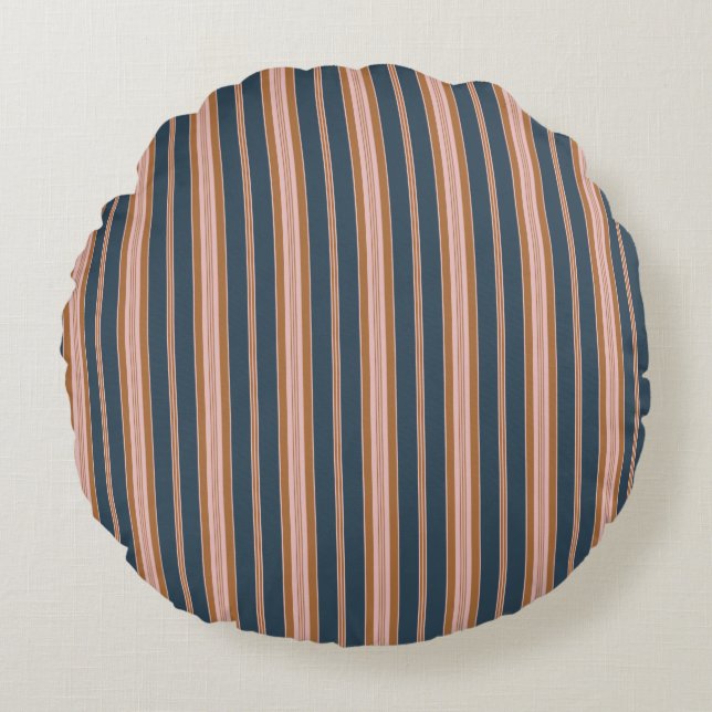 Almofada Redonda Elegant Navy Brown Pink Ticking Stripe (Frente)