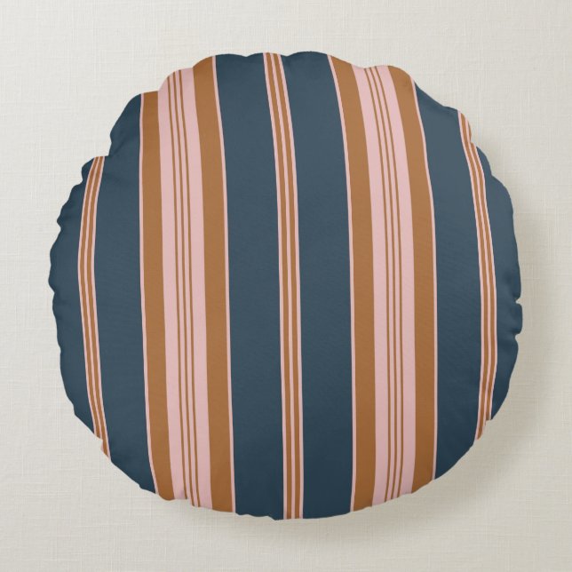 Almofada Redonda Elegant Navy Brown Pink Ticking Stripe (Frente)