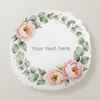 Almofada Redonda Elegant Pink Floral Watercolor Wreath Personalized