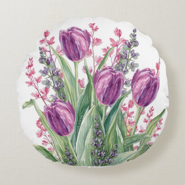Almofada Redonda Elegant Tulip Flowers Pattern,Purple Stripes (Frente)