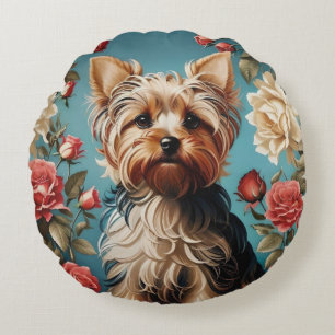 Almofada Redonda Elegant Yorkshire Terrier Portrait Rosa Garden