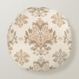 Almofada Redonda Elegante Bege Damask Vintage Casa de Campo Frances