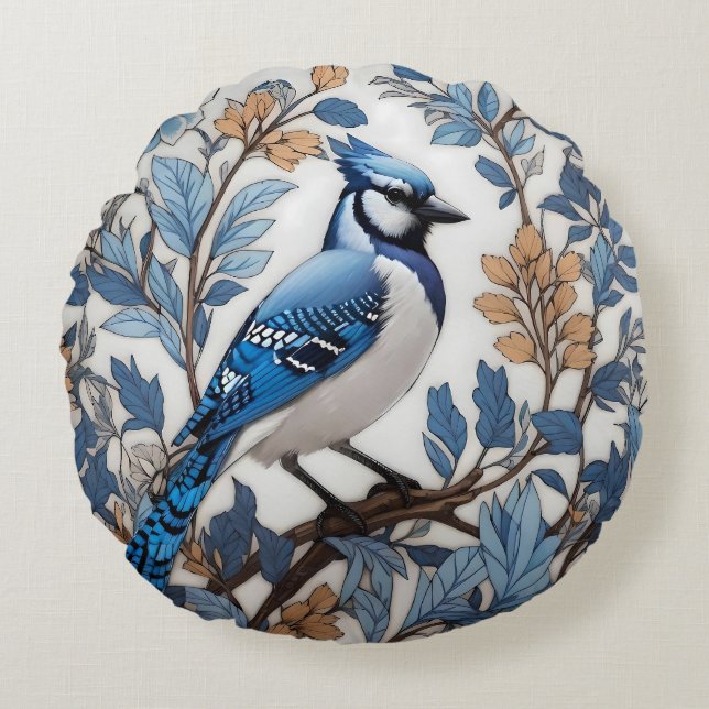 Almofada Redonda Elegante Blue Jay William Morris Inspirou (Frente)