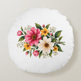 Almofada Redonda Elegante Buquê Floral Rosa e Amarelo Botânico 💐