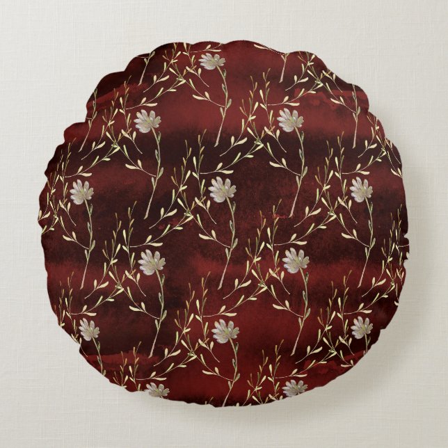 Almofada Redonda Elegante Burgundy Floral  (Frente)