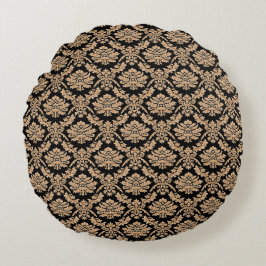 Almofada Redonda Elegante Desenho Clássico Demask Preto e Dourado