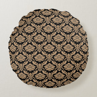 Almofada Redonda Elegante Desenho Clássico Demask Preto e Dourado
