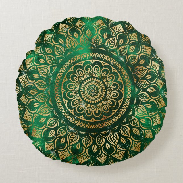 Almofada Redonda Elegante Dourado Mandala Floral Verde (Frente)