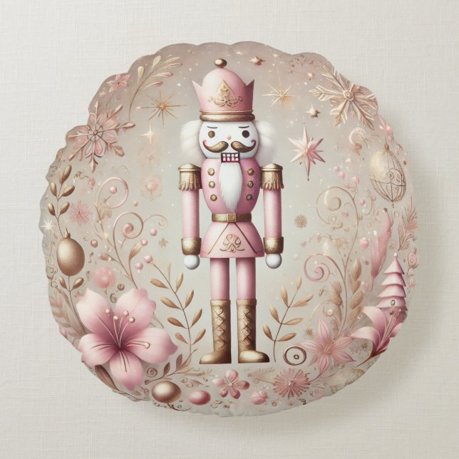 Almofada Redonda Elegante e Caprichoso Nutcracker Rosa e Dourado Pa (Frente)