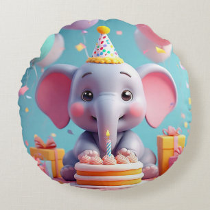Almofada Redonda Elegante Elefante de Desenho Animado Celebrando An