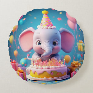 Almofada Redonda Elegante Elefante de Desenho Animado Celebrando An