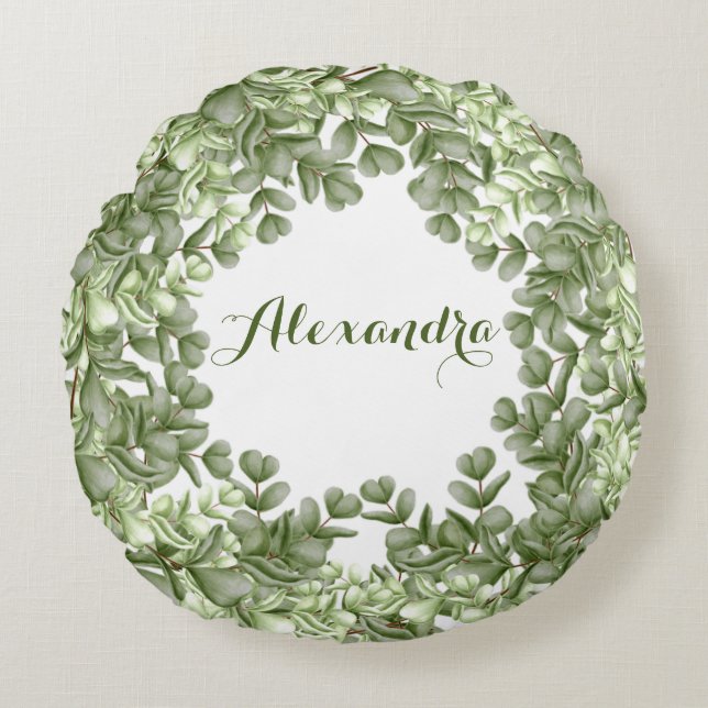 Almofada Redonda Elegante Eucalyptus Greenery Wreath Green White (Frente)