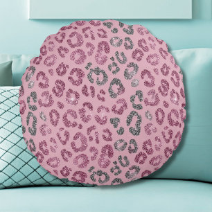 Almofada Redonda Elegante Glitter Leopardo Rosa Prata em Dourado Ro