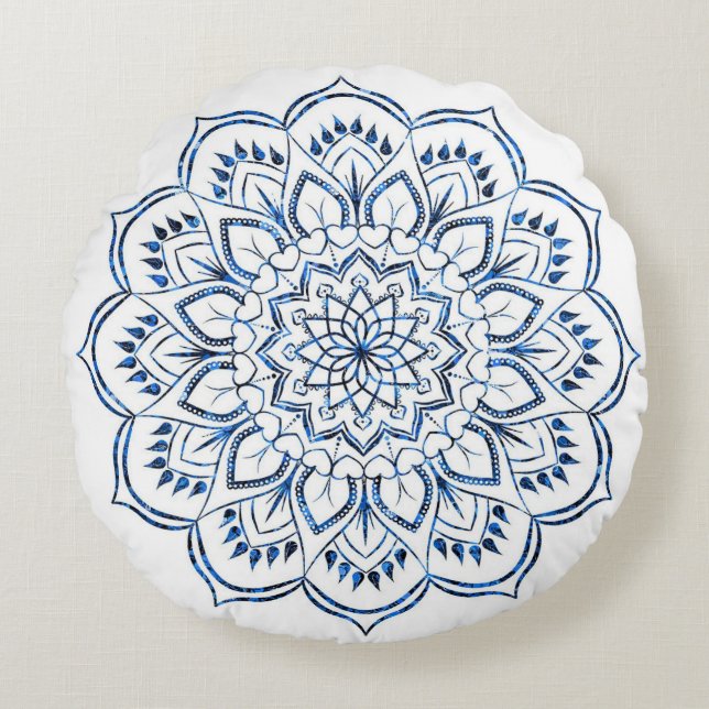 Almofada Redonda Elegante Mandala Decorativa Azul Metálico (Frente)