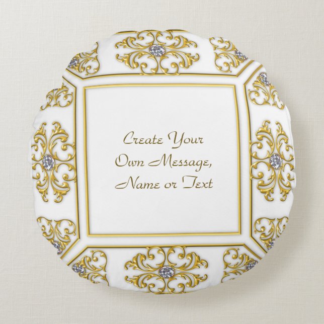 Almofada Redonda Elegante Moldura Ornamental em Ouro com Acento de  (Frente)