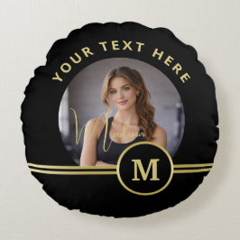 Almofada Redonda Elegante Monograma de Assinatura em Dourado sobre 