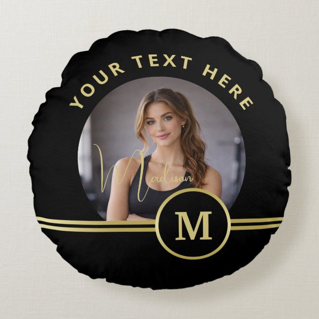 Almofada Redonda Elegante Monograma de Assinatura em Dourado sobre  (Frente)