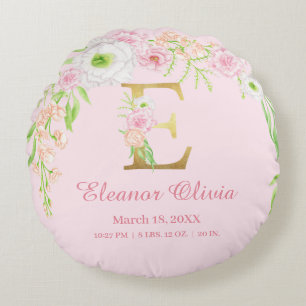 Almofada Redonda Elegante Monograma Floral de Estatísticas de Bebê