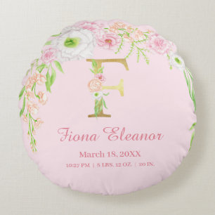 Almofada Redonda Elegante Monograma Floral de Estatísticas de Bebê