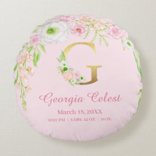 Almofada Redonda Elegante Monograma Floral Rosa para Estatísticas d