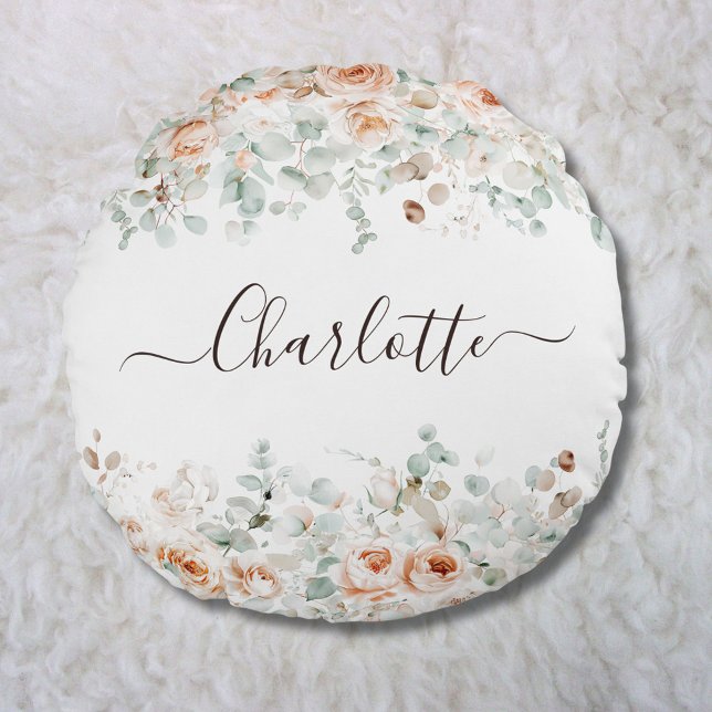 Almofada Redonda Elegante Monograma Rosa Floral Verde Russo (In situ)