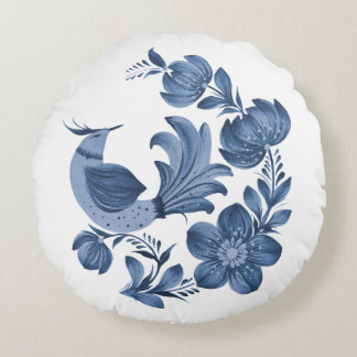 Almofada Redonda Elegante Pássaro de Arte Popular Azul e Floral