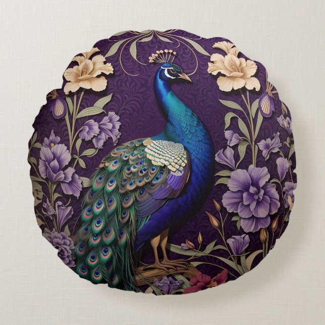 Almofada Redonda Elegante Peacock Em Purple William Morris Inspirou (Frente)
