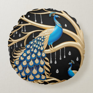 Almofada Redonda Elegante Peacock Wall Art com detalhes Dourados e