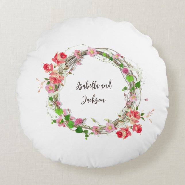 Almofada Redonda elegante recém-casados personalizados nome do casa (Frente)