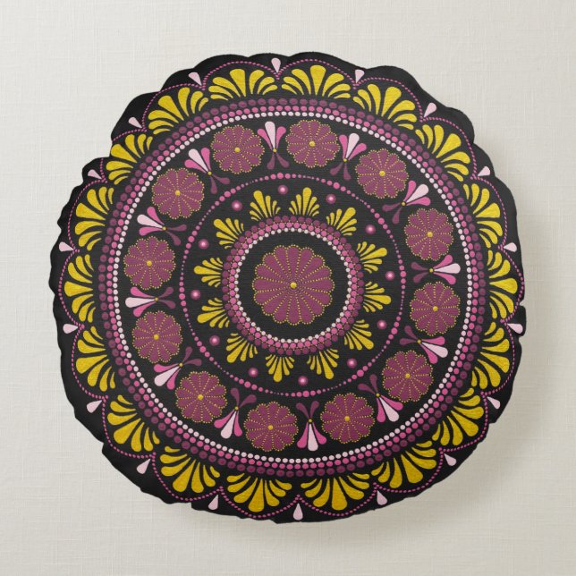 Almofada Redonda Elegante rosa Dourado Mandala, Boho Zen Dot Art Fl (Frente)